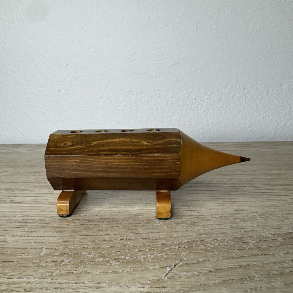 Vintage Carved Wooden Pencil Shaped Pencil Holder Stand Mid Century Modern